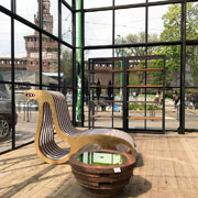 The X2Chair cardboard chaise longue by Lessmore designed by Giorgio Caporaso. Location: La Fenice greenhouse of Privitera Eventi. Milan Piazza Castello. DDN Phutura | Milan Design Week 2019