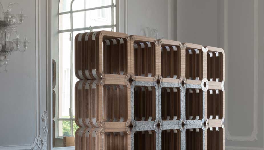 More-Lignt: cardboard bookcase with wood and stone finishes