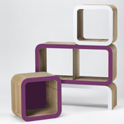 Moretto: cardboard shelves with purple finishes. Design Giorgio Caporaso. Lessmore
