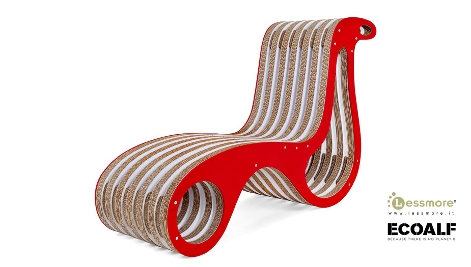 X2Chair: cardboard Chaise longue with Ecoalf fabric finishes. Ecoalf fabrics are obtained by processing waste from the Mediterranean Sea